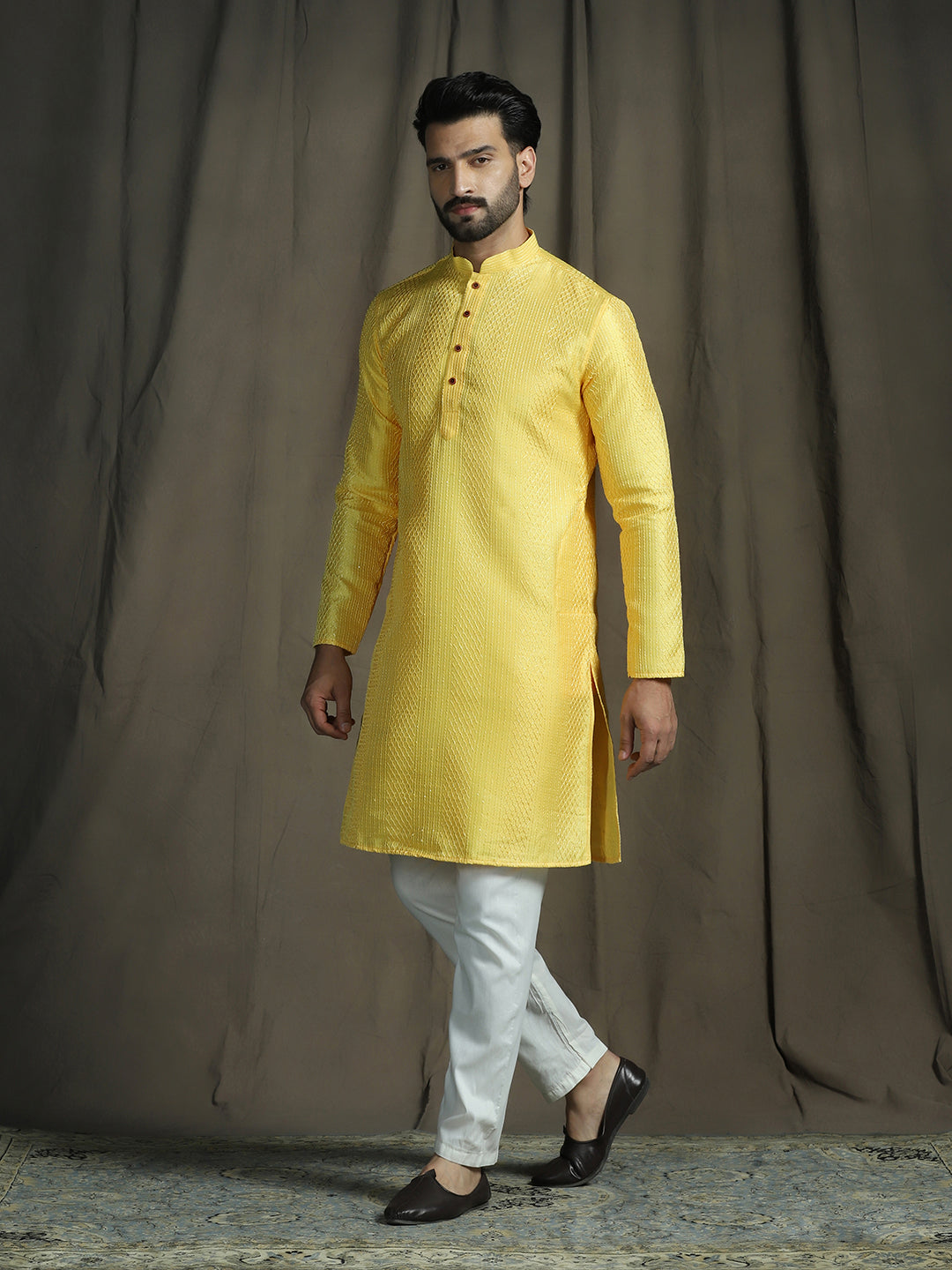 Zavaya Men Yellow Embroidery Silk Kurta - Dista