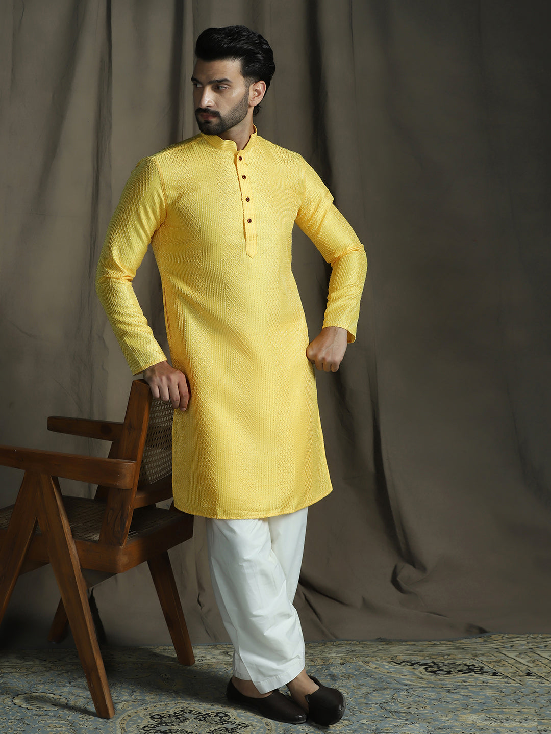 Zavaya Yellow Embroidery Silk Blend Kurta Patiala Set for Men - Dista