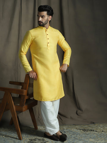Zavaya Yellow Embroidery Silk Blend Kurta Patiala Set for Men - Dista