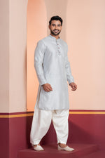 Thumbnail for Zavaya Men Grey Embroidery Silk Kurta