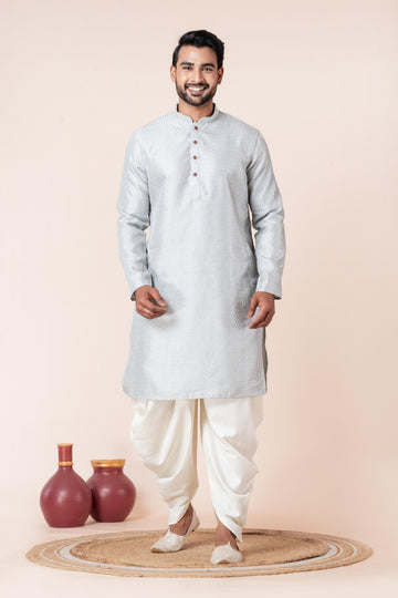 Zavaya Men Grey Embroidery Silk Kurta Dhoti Set - Dista