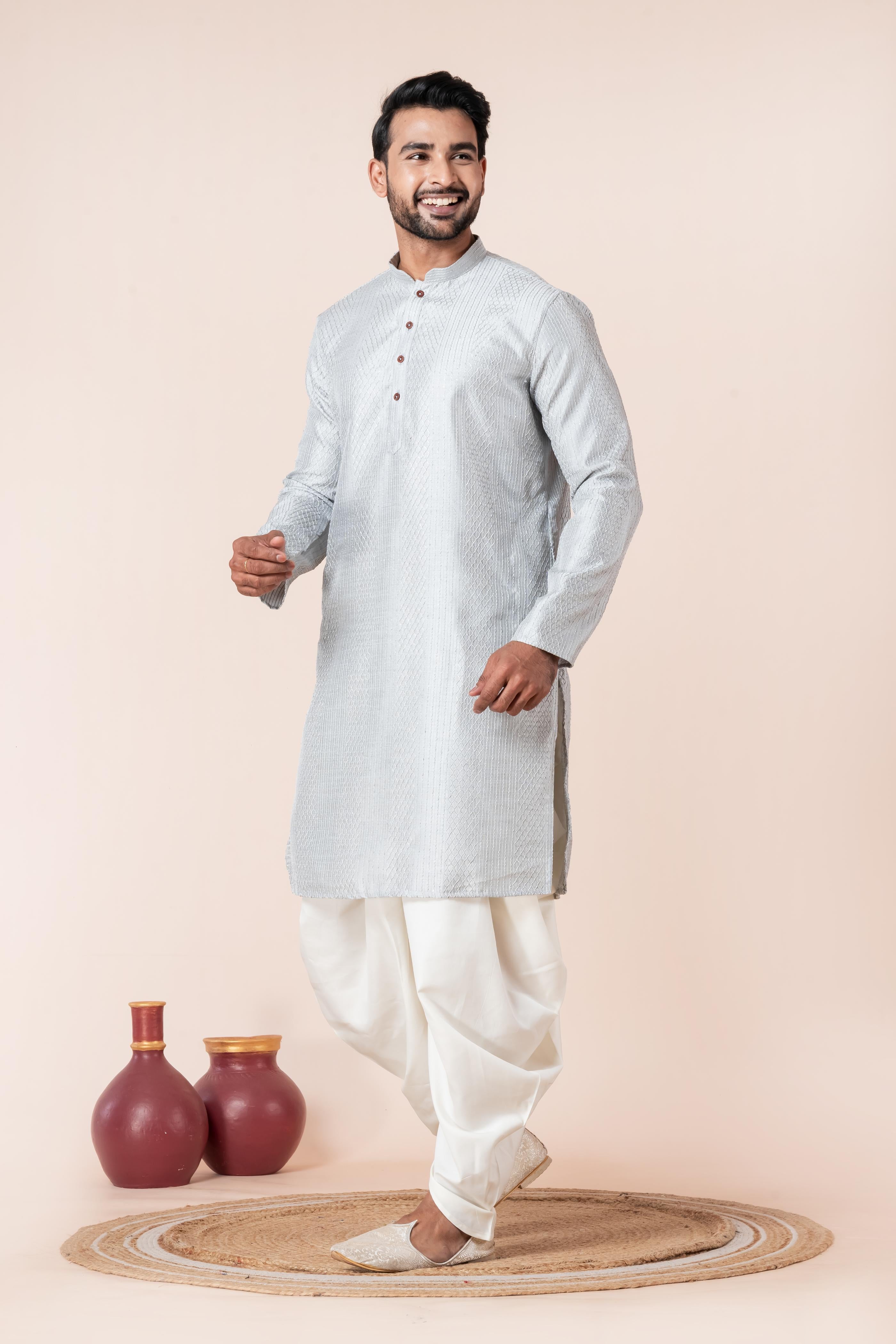 Zavaya Men Grey Embroidery Silk Kurta Dhoti Set