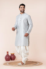Thumbnail for Zavaya Men Grey Embroidery Silk Kurta Dhoti Set