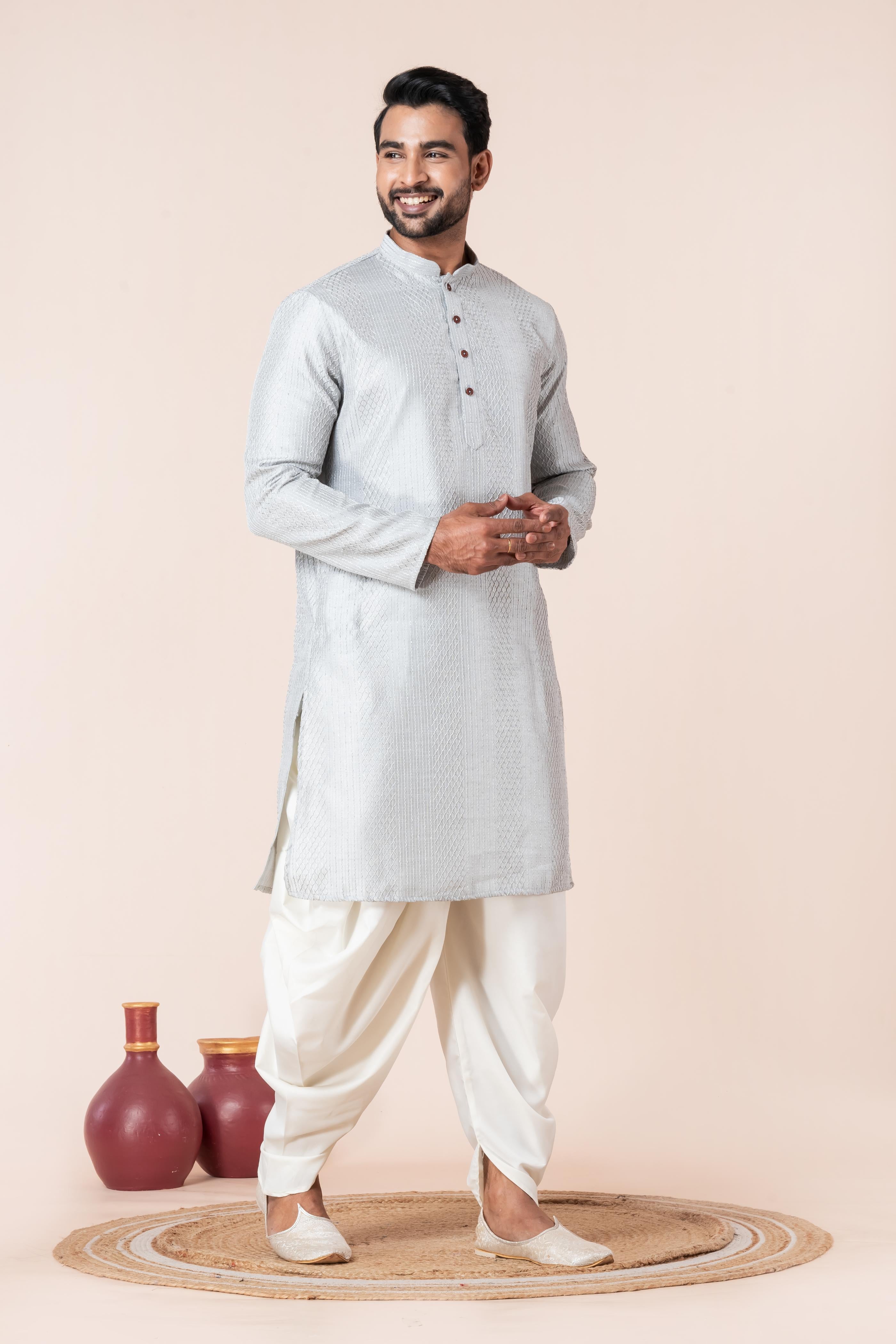 Zavaya Men Grey Embroidery Silk Kurta Dhoti Set