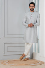 Thumbnail for Zavaya Men Grey Embroidery Silk Kurta Pyjama Set