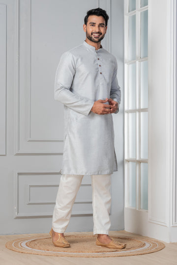 Zavaya Men Grey Embroidery Silk Kurta Pyjama Set - Dista