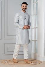 Thumbnail for Zavaya Men Grey Embroidery Silk Kurta Pyjama Set