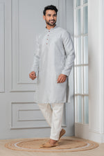 Thumbnail for Zavaya Men Grey Embroidery Silk Kurta Pyjama Set
