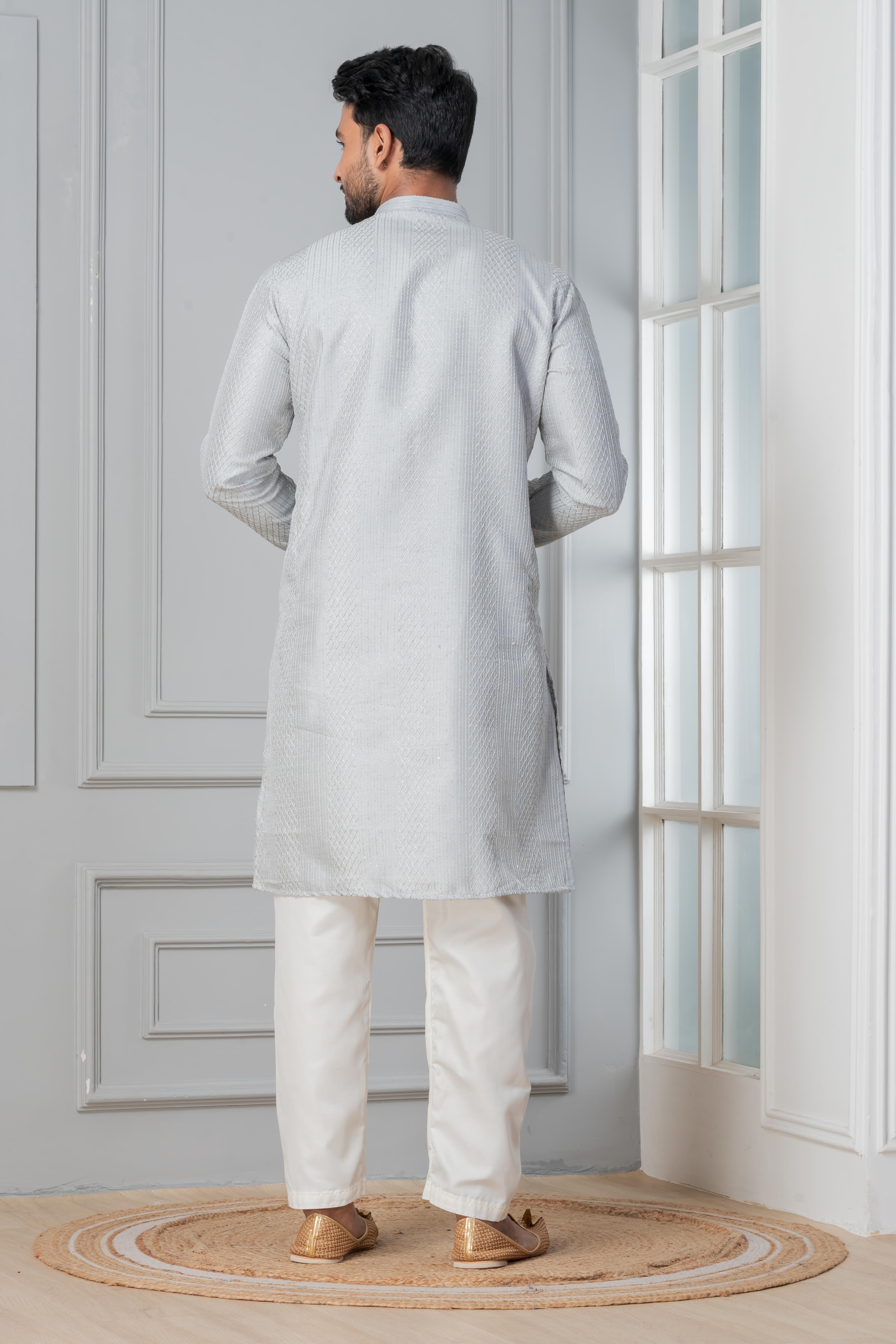 Zavaya Men Grey Embroidery Silk Kurta Pyjama Set