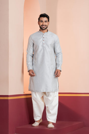 Zavaya Men Grey Embroidery Silk Kurta Patiala Set - Dista
