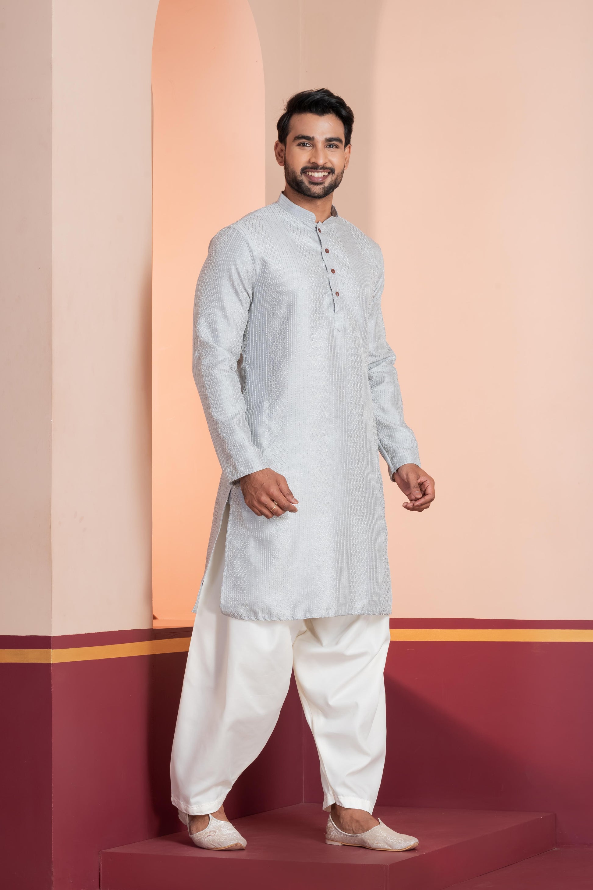 Zavaya Men Grey Embroidery Silk Kurta Patiala Set - Dista