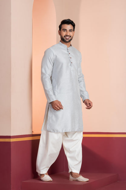 Zavaya Men Grey Embroidery Silk Kurta Patiala Set - Dista