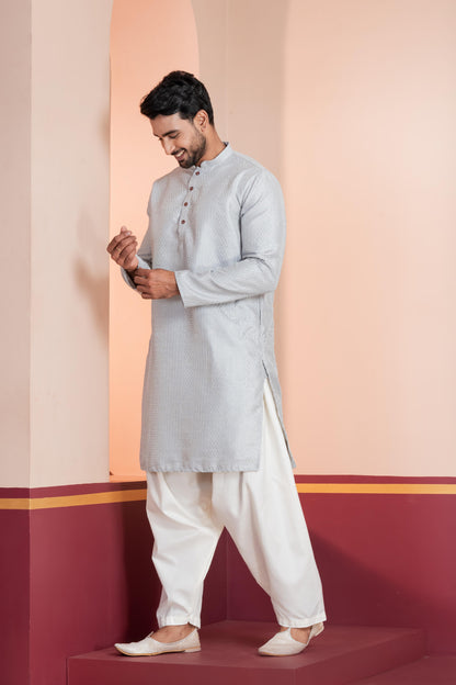 Zavaya Men Grey Embroidery Silk Kurta Patiala Set - Dista