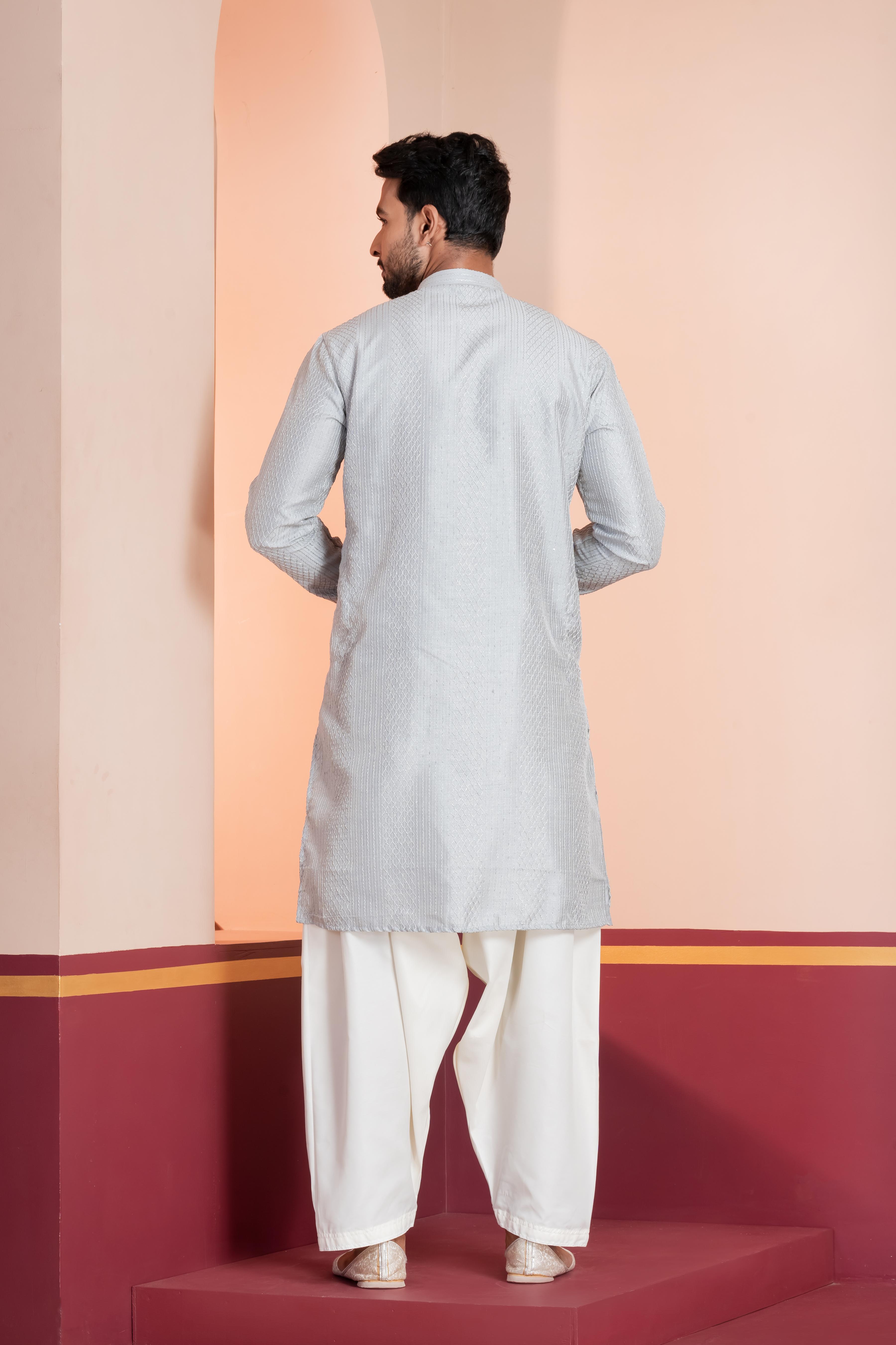 Zavaya Men Grey Embroidery Silk Kurta Patiala Set