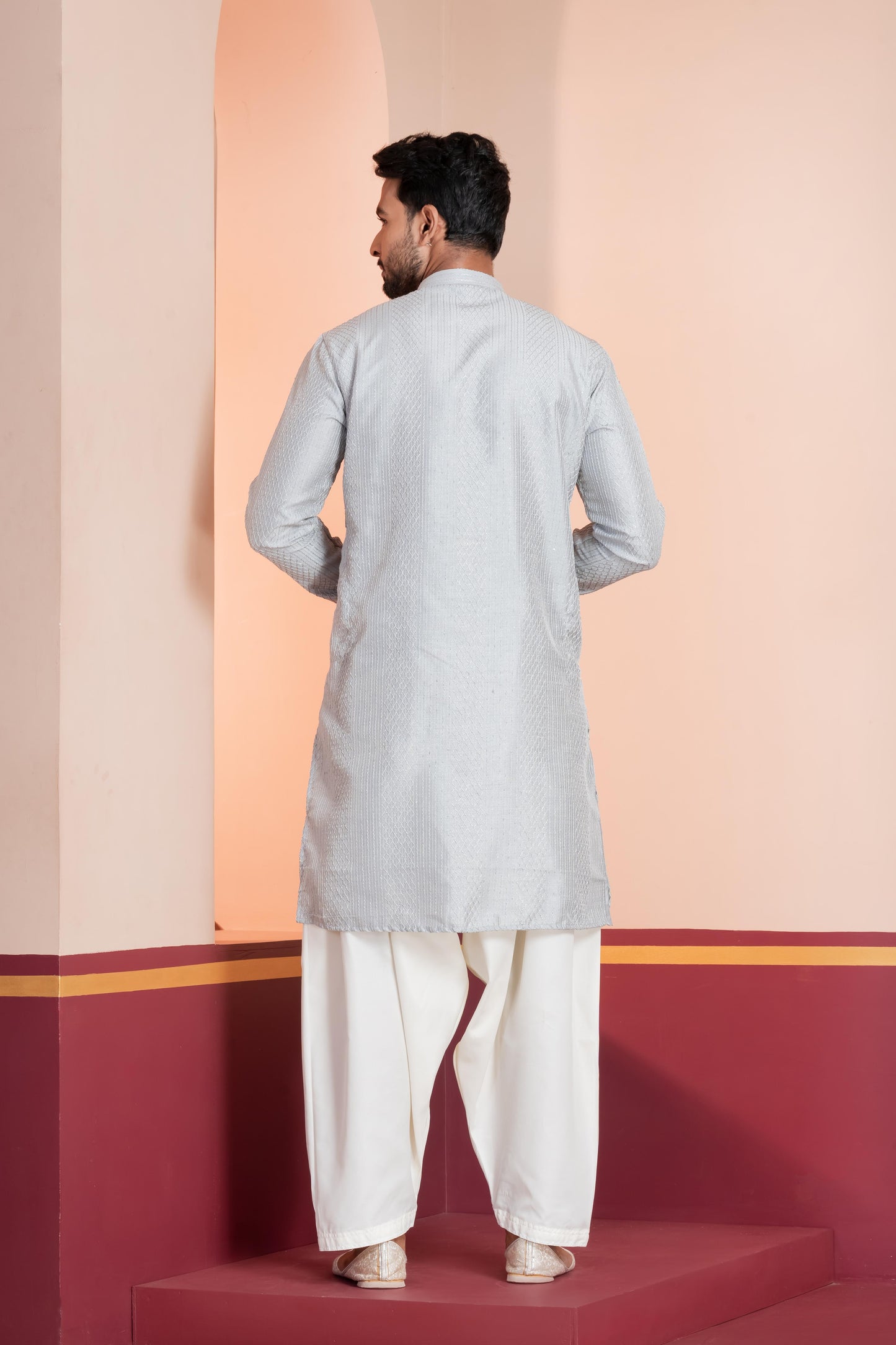 Zavaya Men Grey Embroidery Silk Kurta Patiala Set - Dista