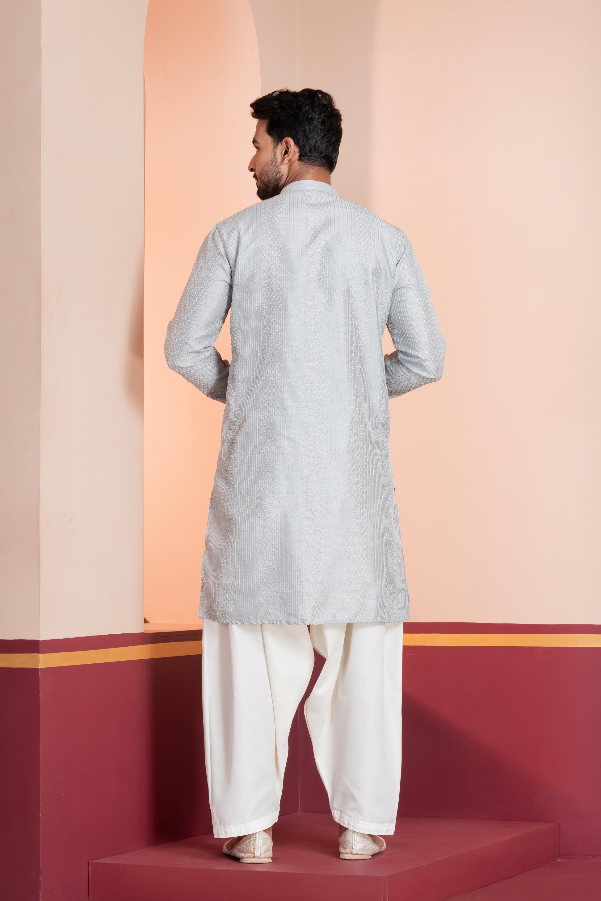 Zavaya Men Grey Embroidery Silk Kurta Patiala Set - Dista