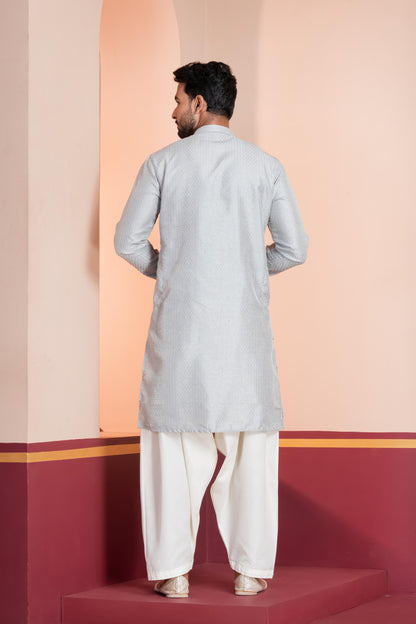 Zavaya Men Grey Embroidery Silk Kurta Patiala Set - Dista