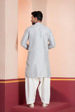 Thumbnail for Zavaya Men Grey Embroidery Silk Kurta Patiala Set