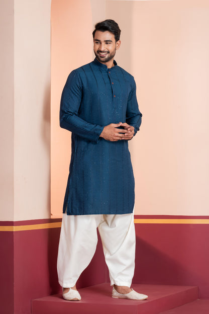 Zavaya Men Blue Embroidery Silk Kurta - Dista