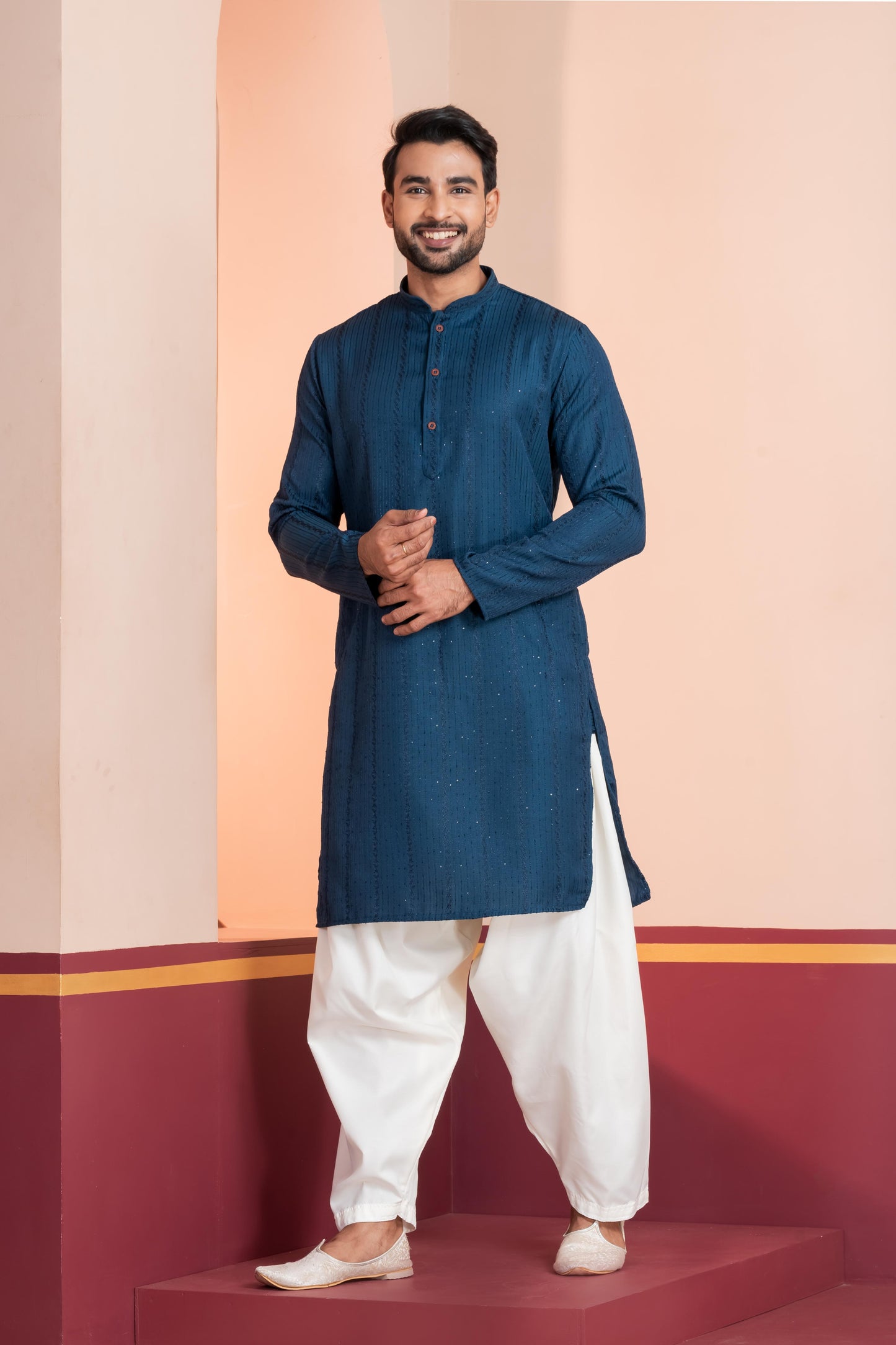 Zavaya Men Blue Embroidery Silk Kurta - Dista