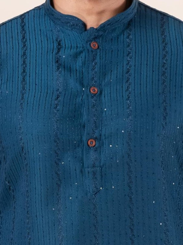 Zavaya Men Blue Embroidery Silk Kurta - Dista