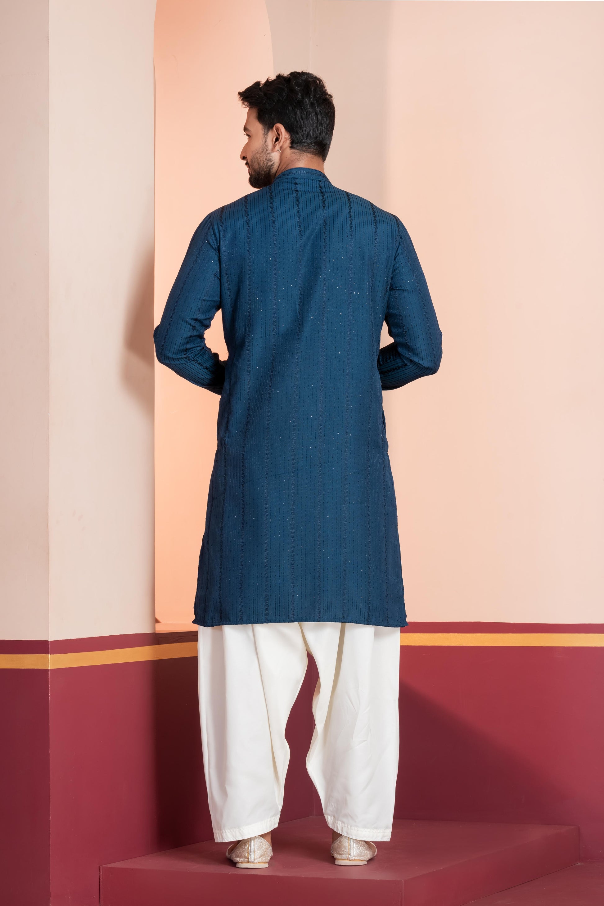 Zavaya Men Blue Embroidery Silk Kurta - Dista