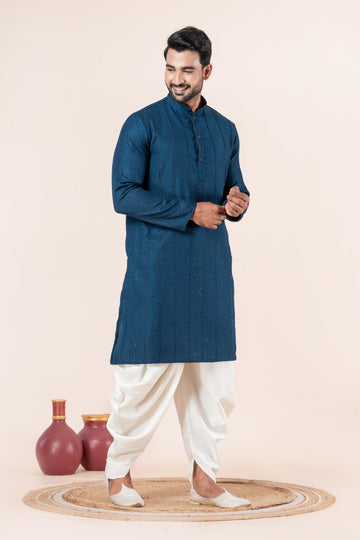 Zavaya Men Blue Embroidery Silk Kurta Dhoti Set - Dista