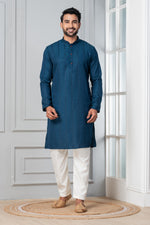 Thumbnail for Zavaya Men Blue Embroidery Silk Kurta Pyjama Set
