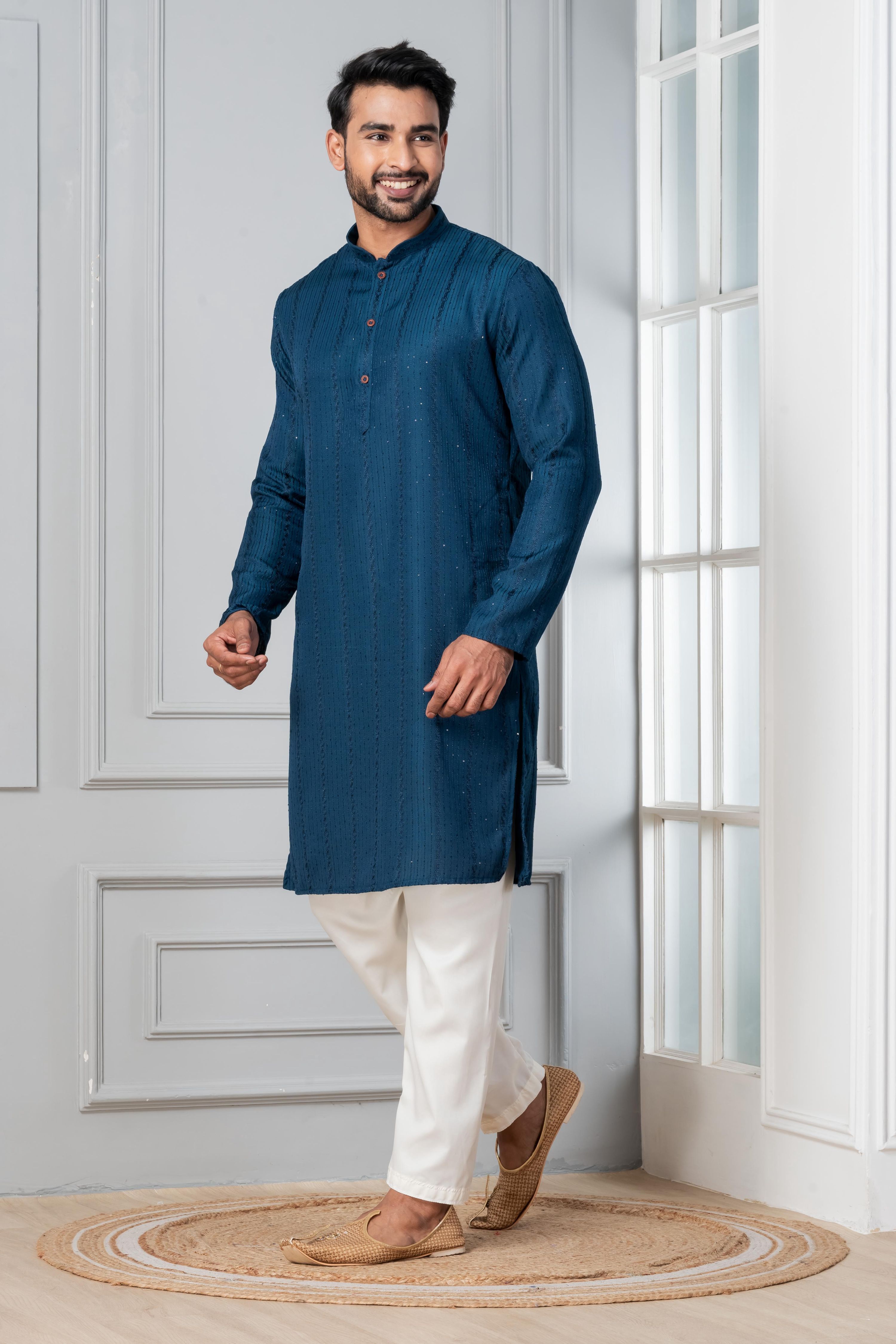 Zavaya Men Blue Embroidery Silk Kurta Pyjama Set - Dista