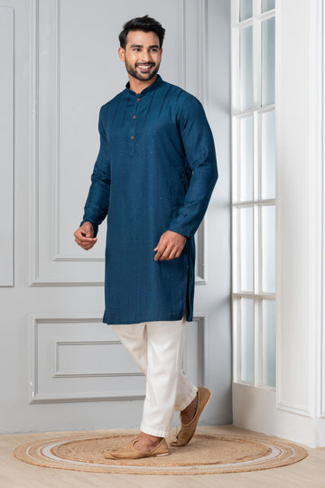 Zavaya Men Blue Embroidery Silk Kurta Pyjama Set - Dista