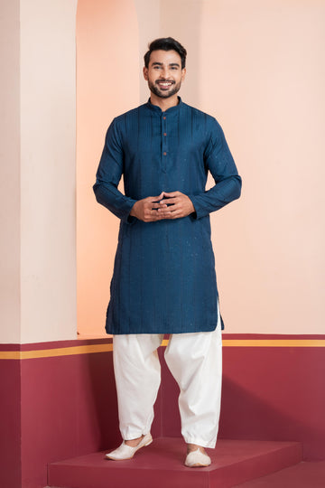 Zavaya Men Blue Embroidery Silk Kurta Patiala Set - Dista