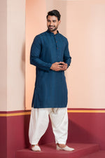 Thumbnail for Zavaya Men Blue Embroidery Silk Kurta Patiala Set