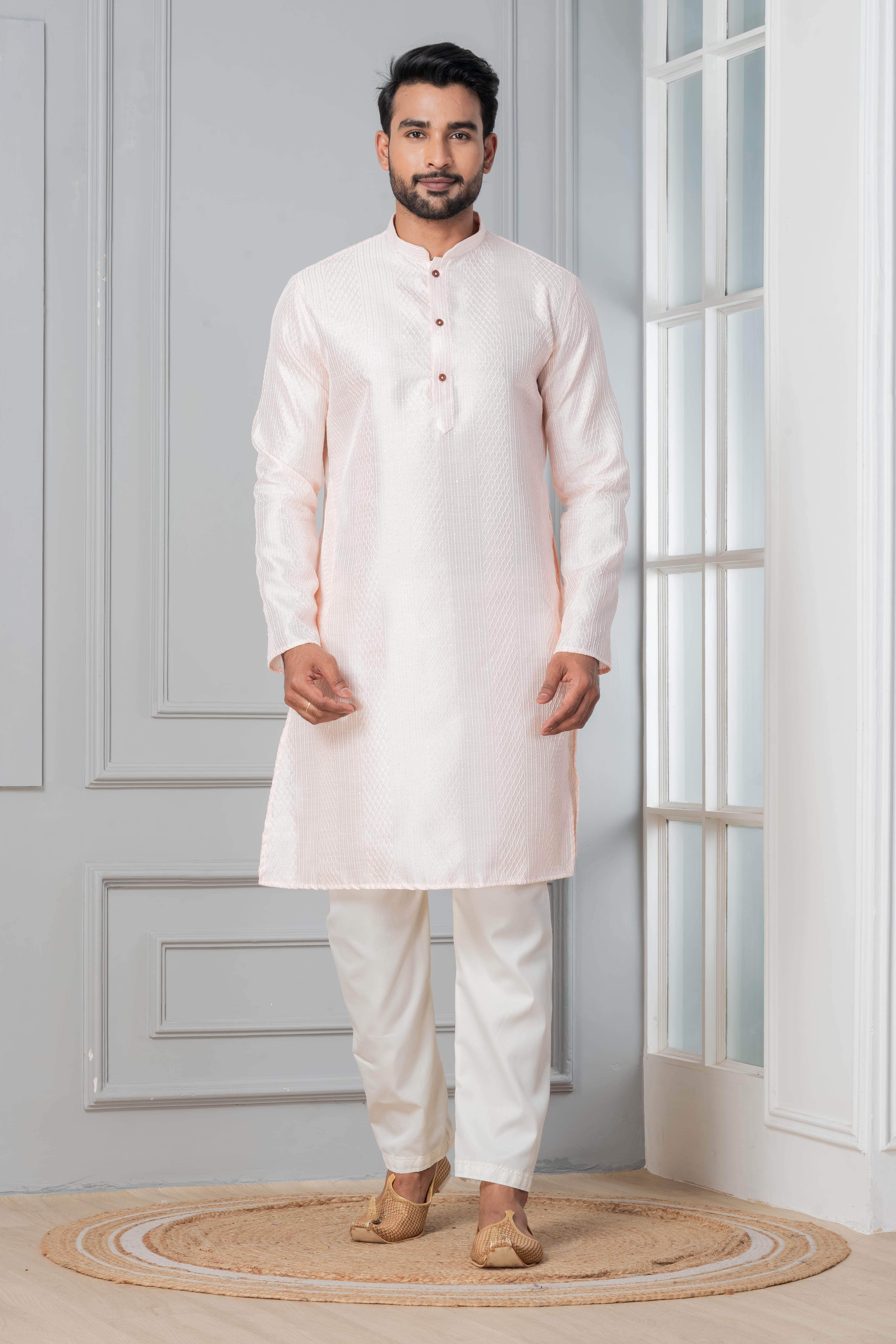 Zavaya Men Peach Embroidery Silk Kurta