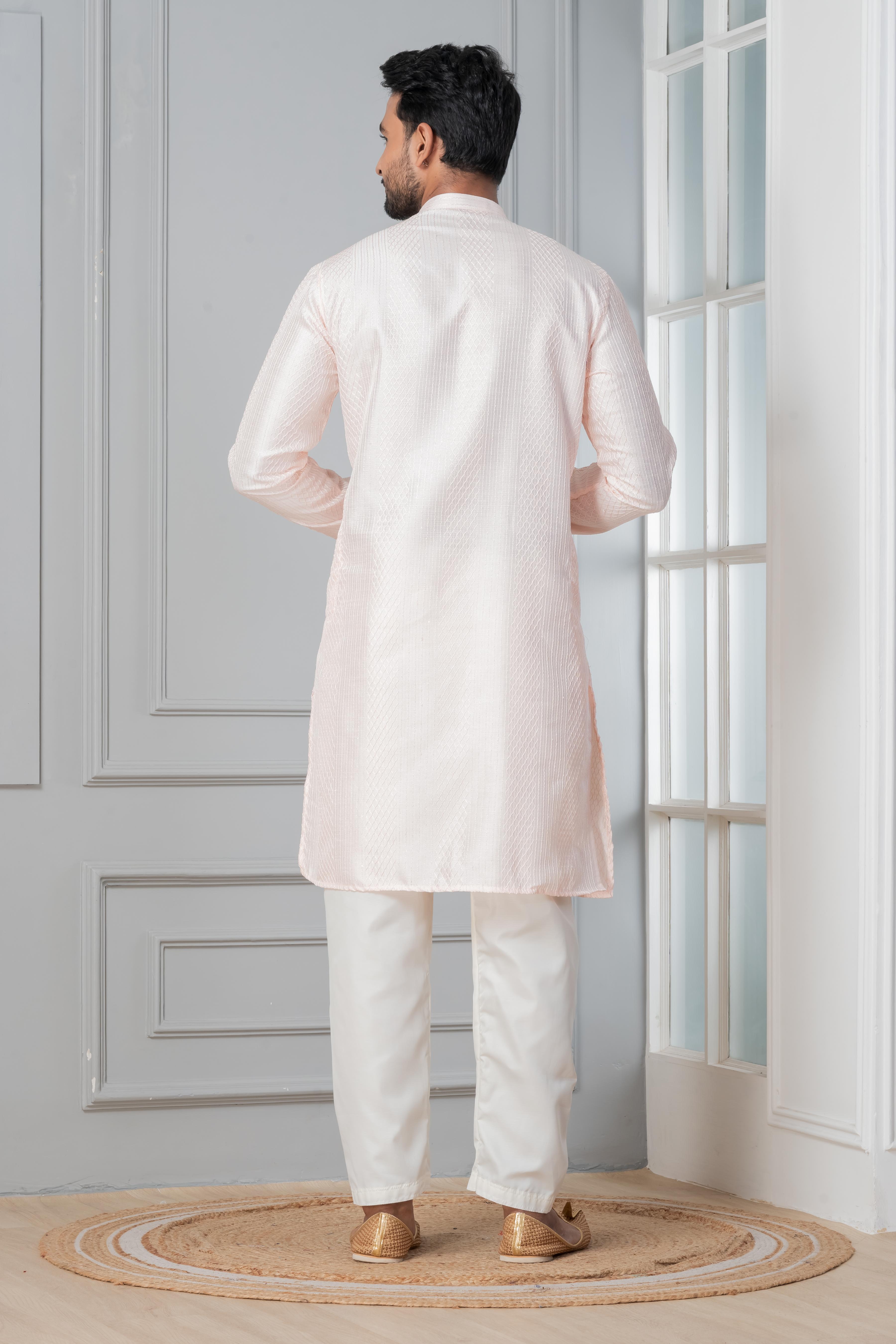 Zavaya Men Peach Embroidery Silk Kurta