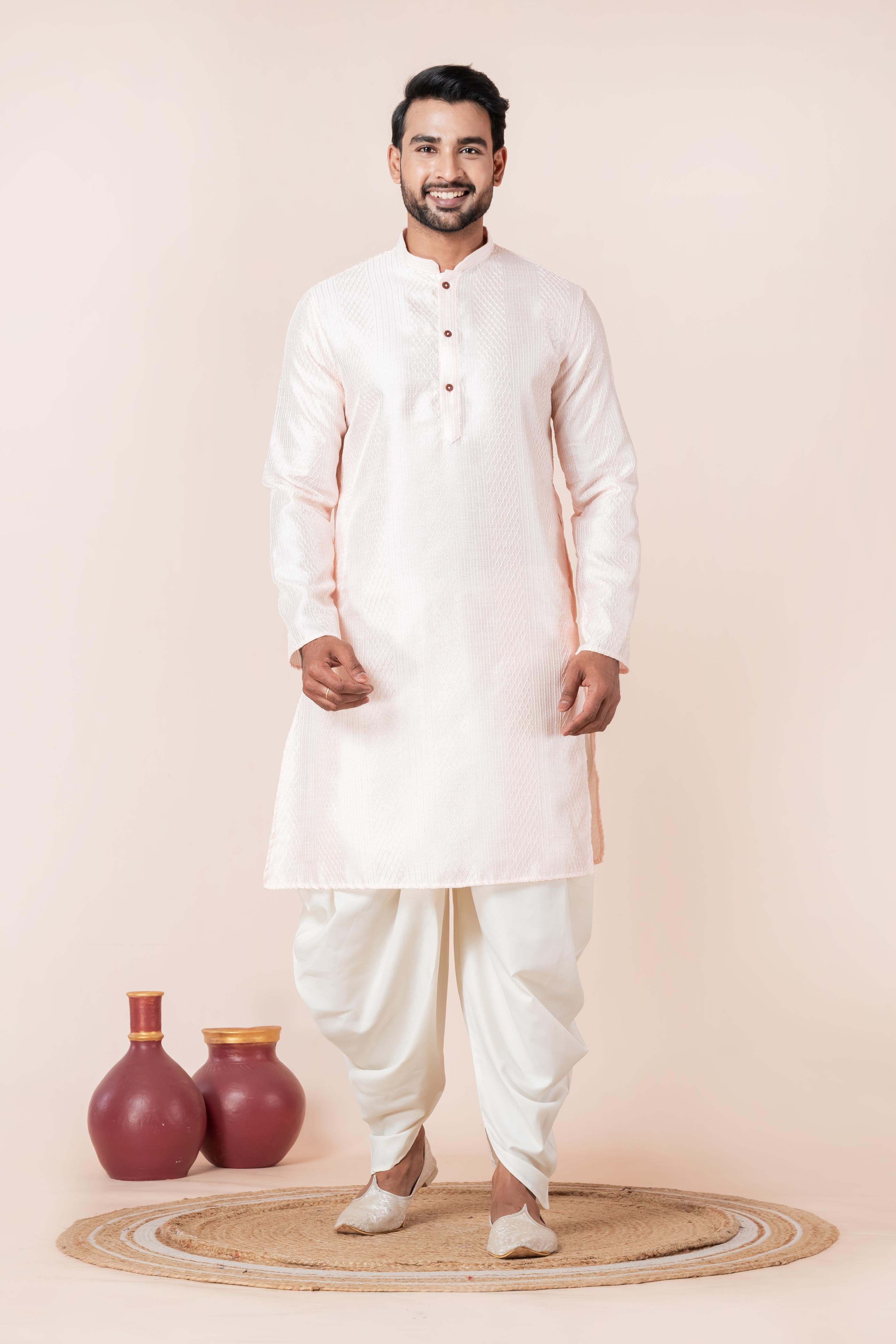 Zavaya Men Peach Embroidery Silk Kurta Dhoti Set - Dista