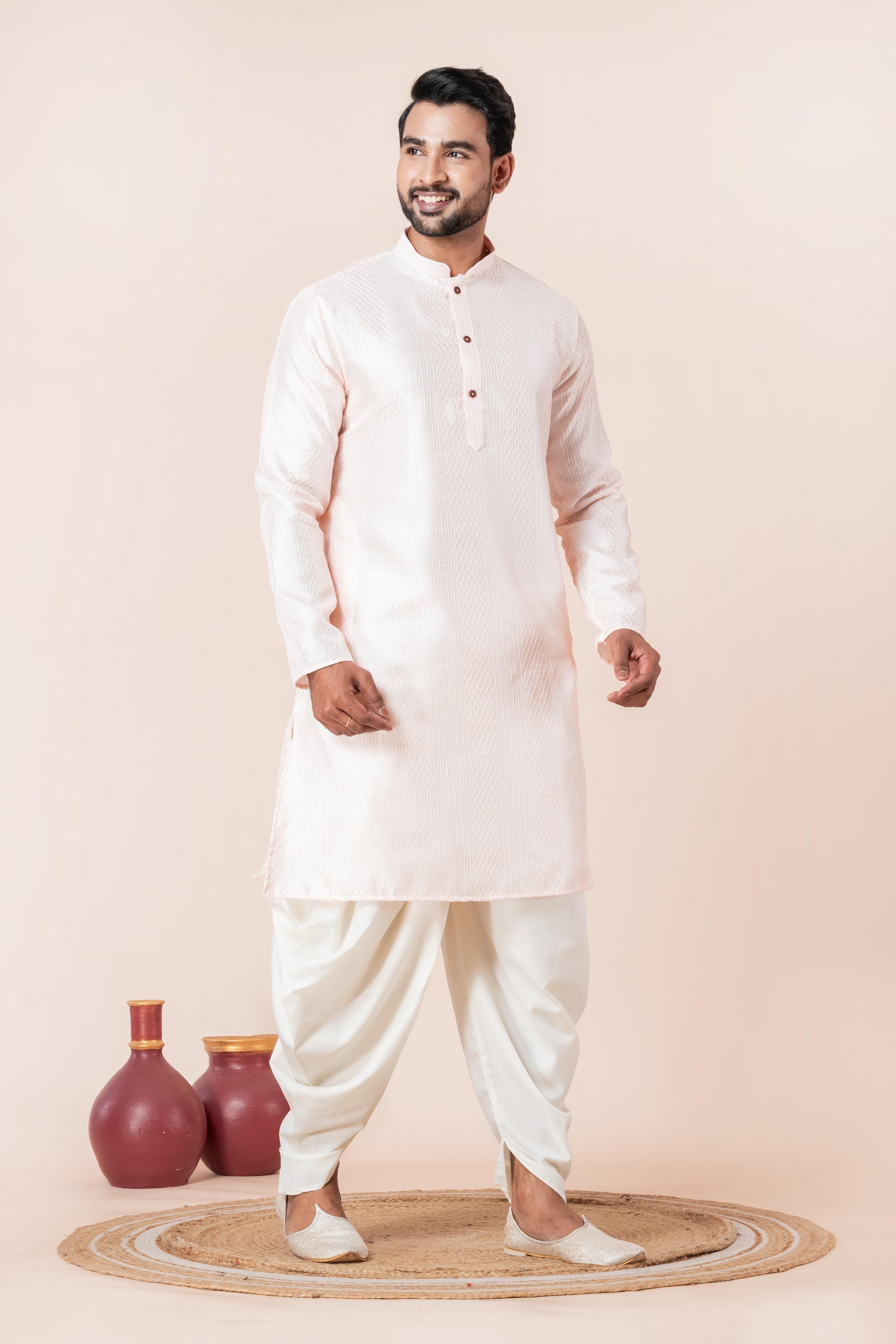 Zavaya Men Peach Embroidery Silk Kurta Dhoti Set - Dista