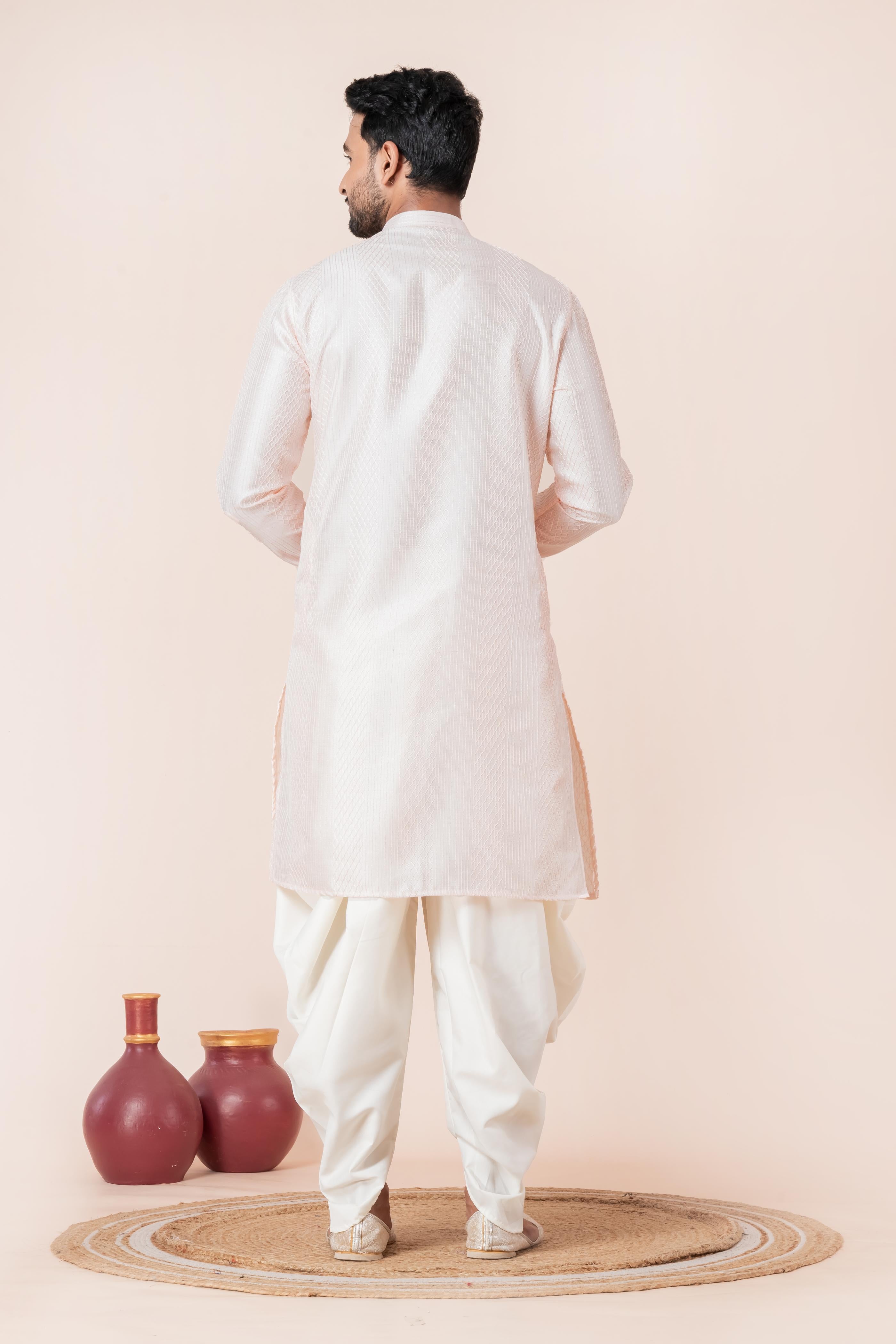 Zavaya Men Peach Embroidery Silk Kurta Dhoti Set - Dista