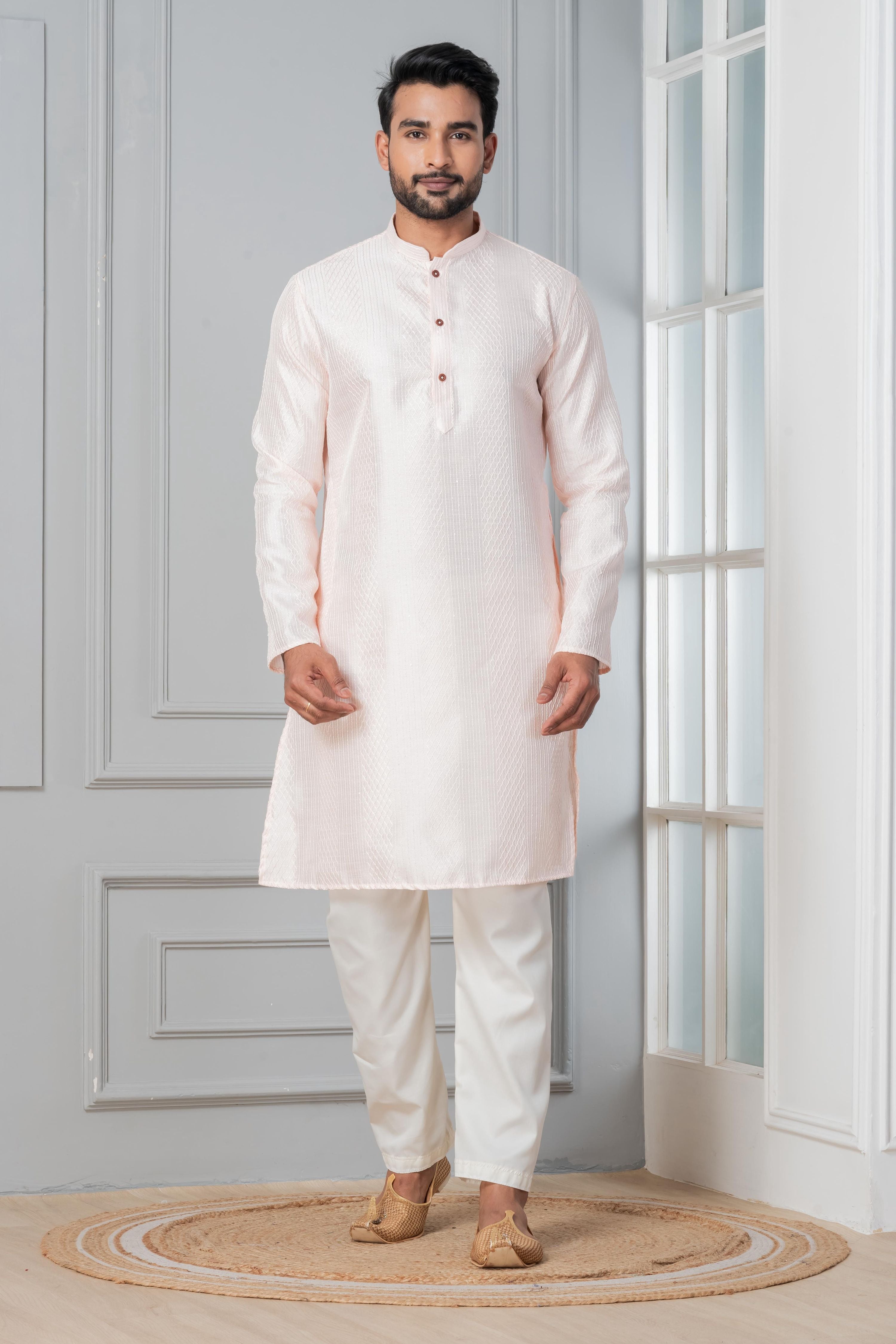 Zavaya Men Peach Embroidery Silk Kurta Pyjama Set - Dista