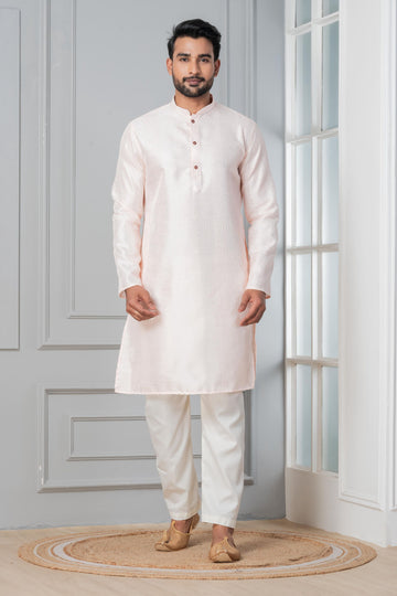 Zavaya Men Peach Embroidery Silk Kurta Pyjama Set - Dista