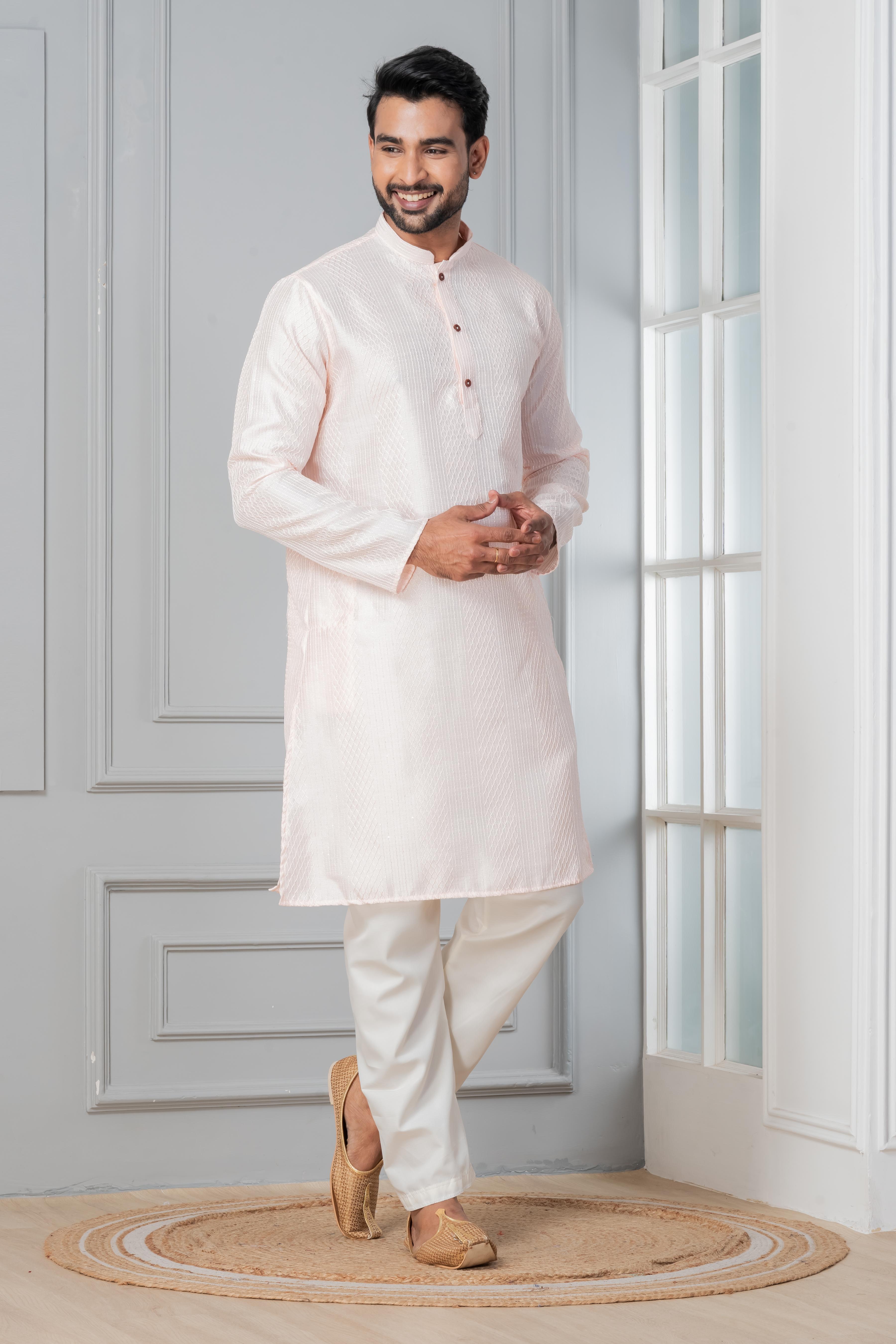Zavaya Men Peach Embroidery Silk Kurta Pyjama Set