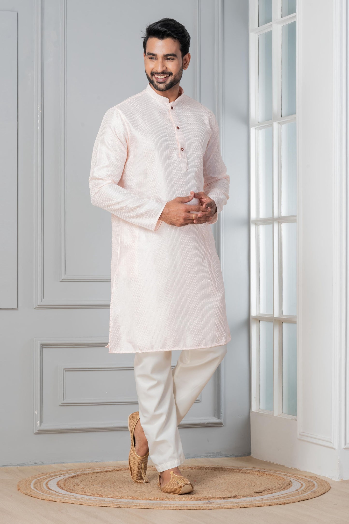 Zavaya Men Peach Embroidery Silk Kurta Pyjama Set - Dista