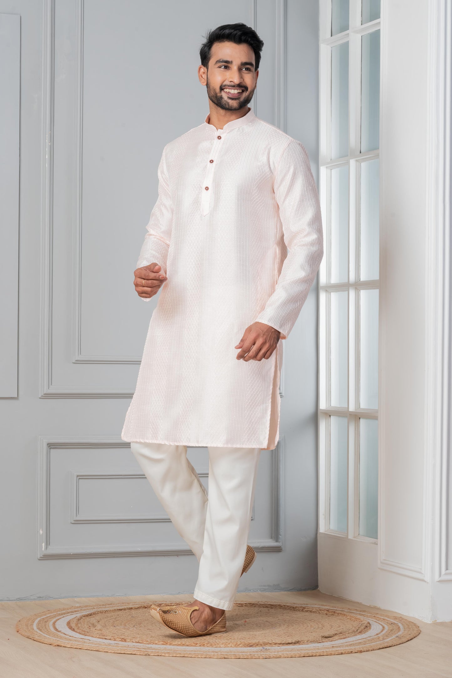 Zavaya Men Peach Embroidery Silk Kurta Pyjama Set - Dista