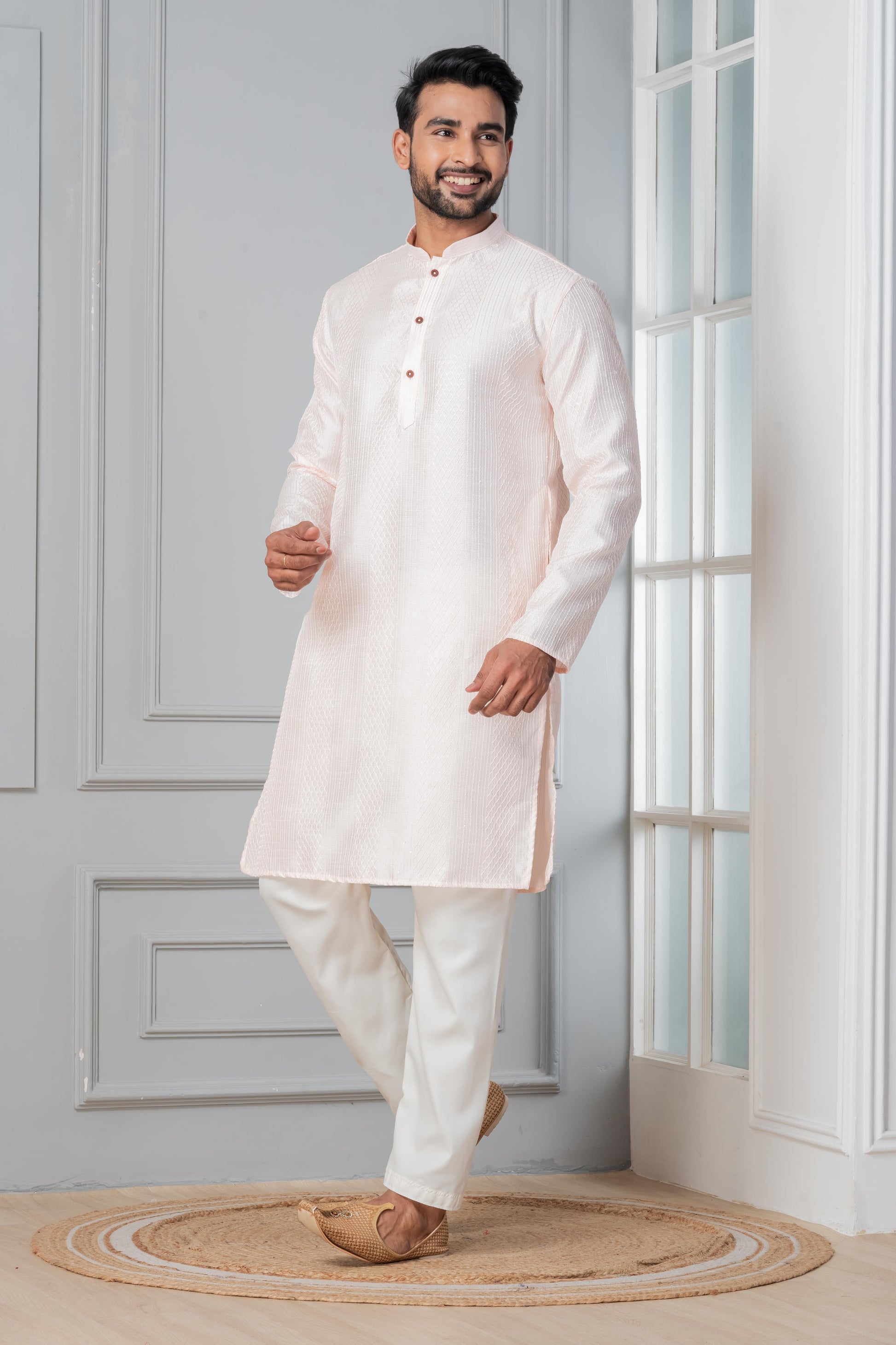 Zavaya Men Peach Embroidery Silk Kurta Pyjama Set - Dista