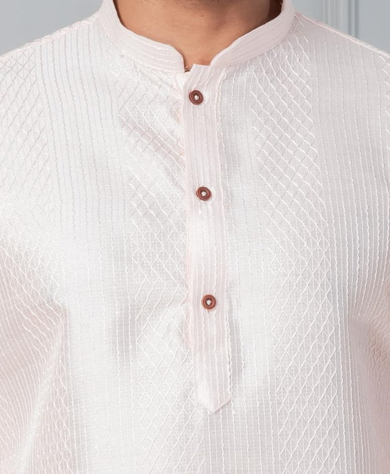 Zavaya Men Peach Embroidery Silk Kurta Pyjama Set - Dista