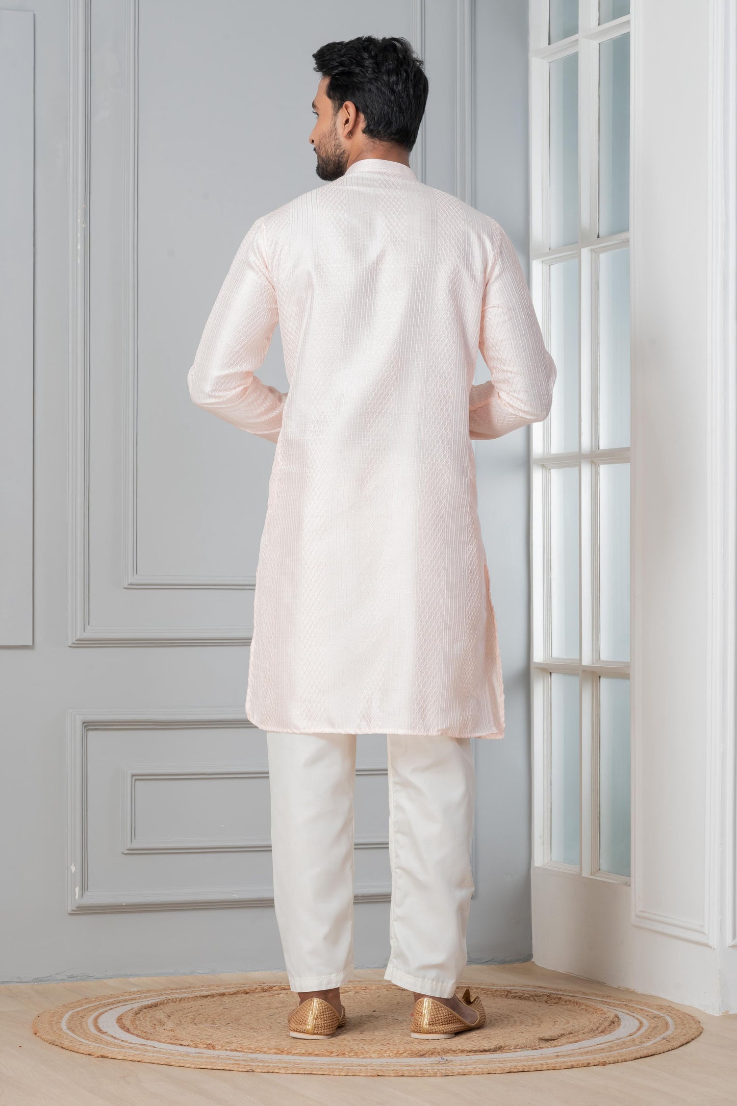 Zavaya Men Peach Embroidery Silk Kurta Pyjama Set - Dista