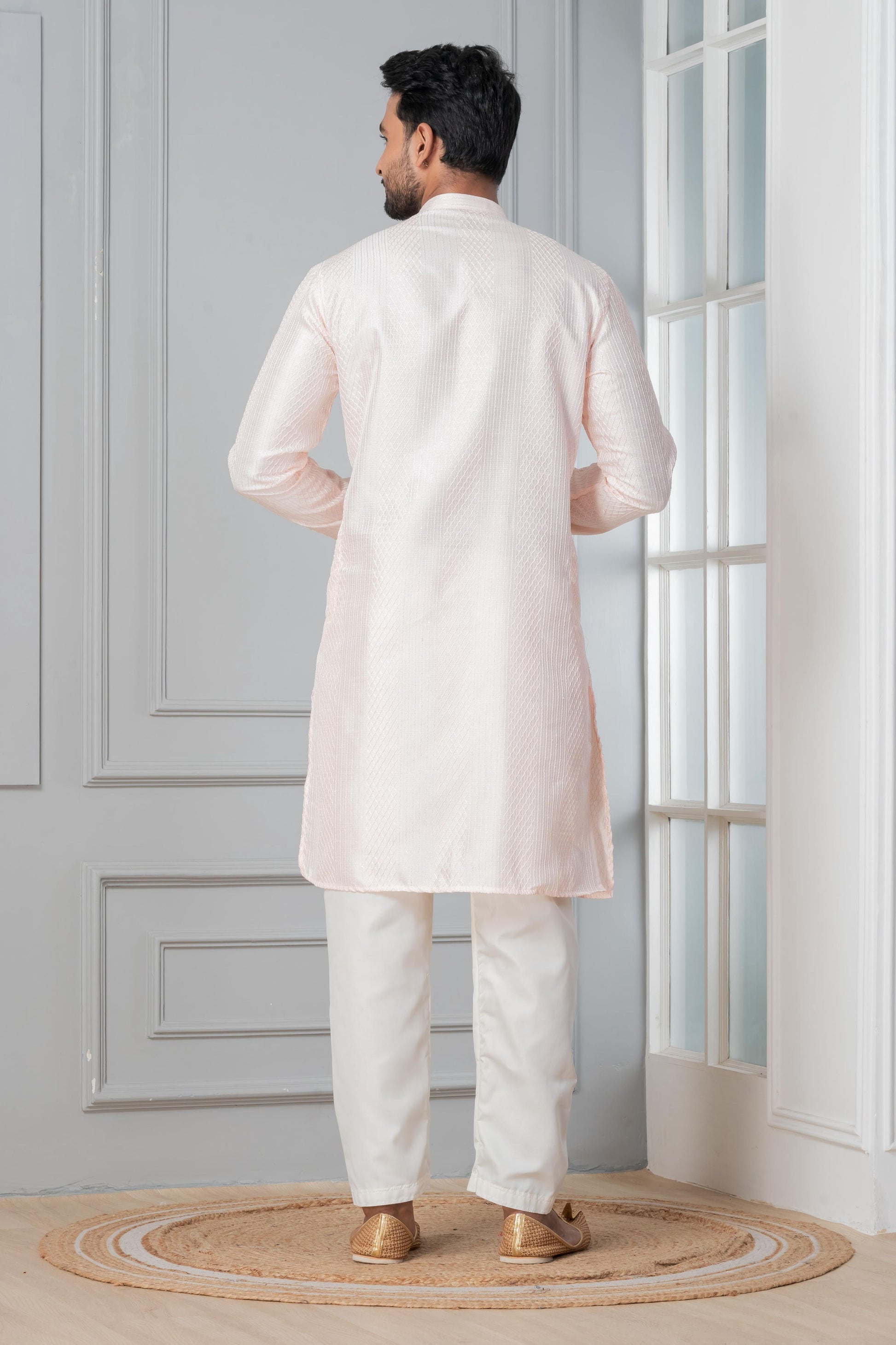 Zavaya Men Peach Embroidery Silk Kurta Pyjama Set - Dista