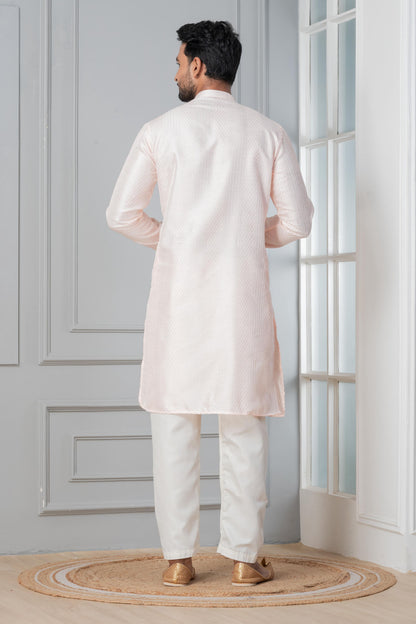 Zavaya Men Peach Embroidery Silk Kurta Pyjama Set - Dista