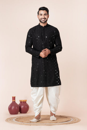 Zavaya Men Black Embroidery Cotton Blend Kurta Dhoti Set - Dista