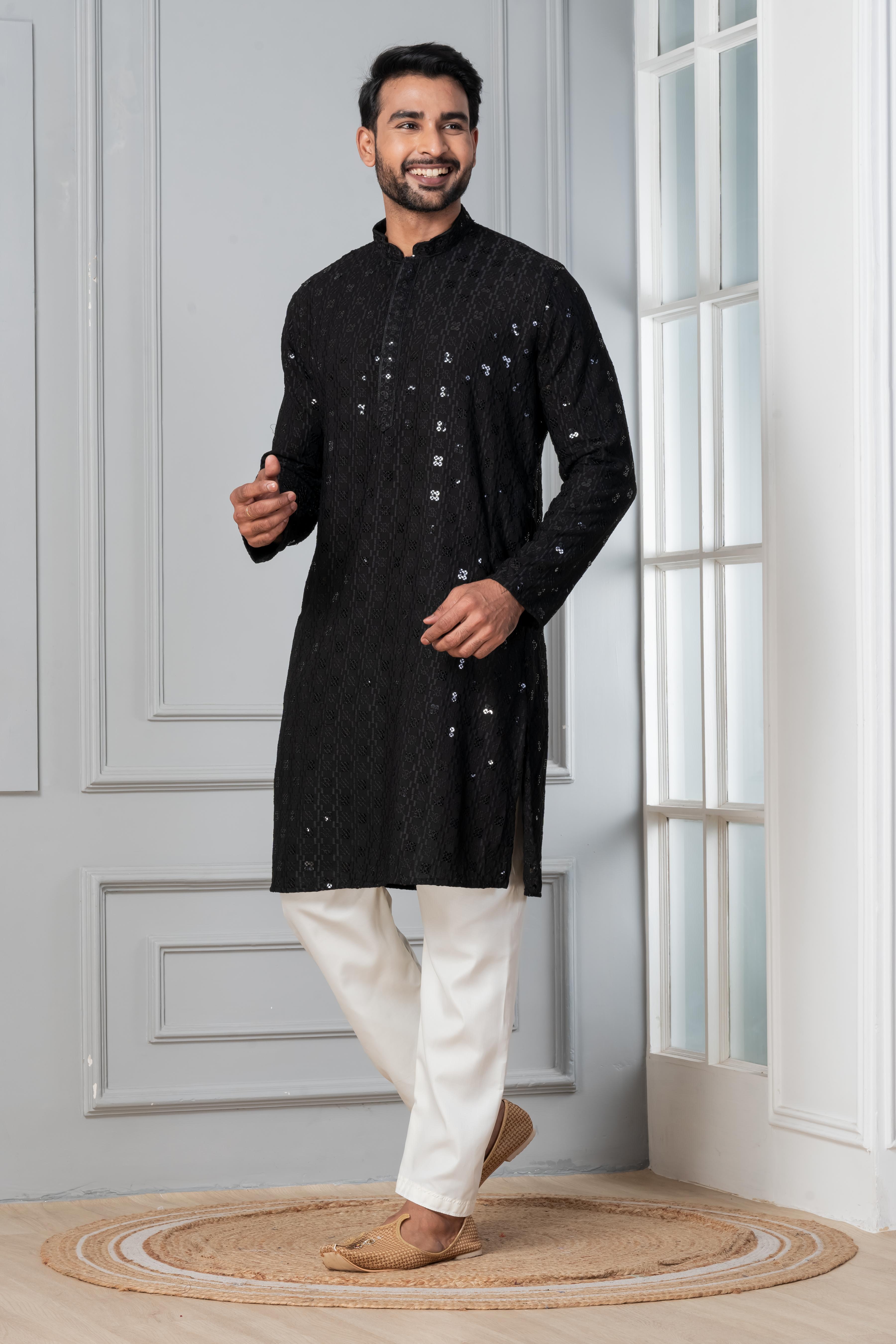 Zavaya Men Black Embroidery Cotton Blend Kurta Pyjama Set - Dista