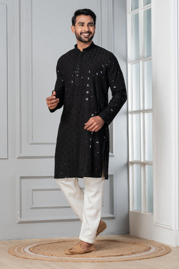 Zavaya Men Black Embroidery Cotton Blend Kurta Pyjama Set - Dista